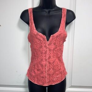 NEW intimately FREE PEOPLE Sexy Low Cut Coral Pink Lace Stretch Knit Tank Top S